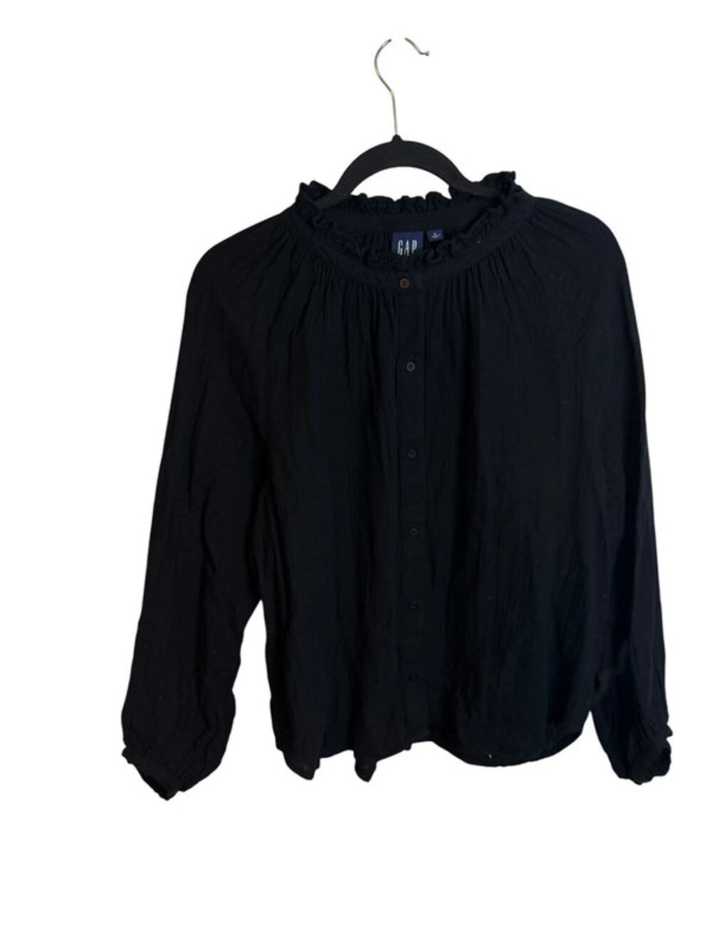 Gap Black Gauze Cotton Ruffle Neck Blouse